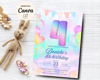 4th Birthday Invitation, Rainbow Birthday Invitation, Rainbow pastel Invite, Girl Birthday Invitation, Canva Template, Digital Download