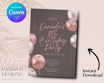 Pink Balloon 16th Birthday Invite, Teenager Pink 16th Birthday Invitation, Editable 16th Birthday Invite Canva Template, Digital Download