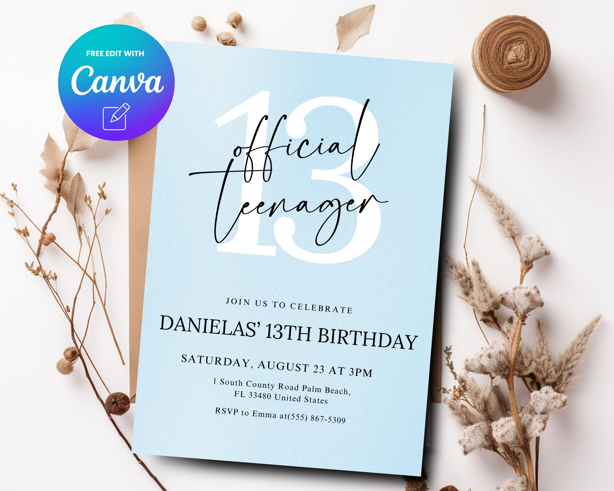 じゅん Blue 13th Birthday Invitation, Minimalist 13th Birthday Invite