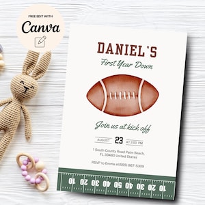 May include: A white and green football-themed first birthday party invitation with the text "DANIEL'S First Year Down" and a brown football illustration. The invitation includes the date, time, and location of the party. RSVP information is also included.