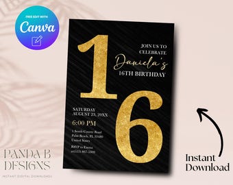 Gold 16th Birthday Invitation, Minimalist Gold 16th Birthday Invite, Girl Sweet Sixteen Birthday Invite Canva Template, Digital Download