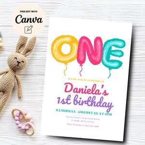 Editable 1st Birthday Invitation, Colorful Balloon 1st Birthday Invite, Balloon Birthday Invite, Canva Editable, Digital Download