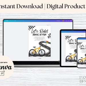 Bicycle Birthday Invitation Template, Editable Bike Let's Ride Birthday ...
