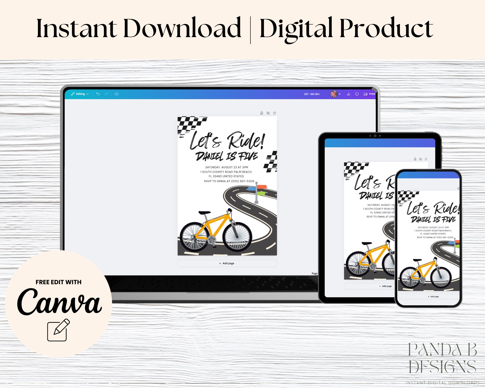 Bicycle Birthday Invitation Template, Editable Bike Let's Ride Birthday ...