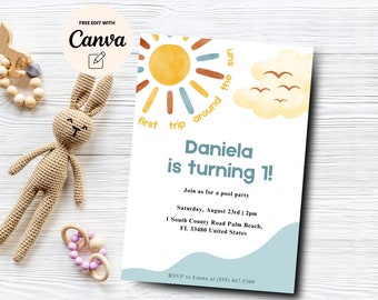 First Trip Around the Sun Birthday Invitation, 1st Birthday Invite, Sunshine Birthday Invitation, Canva Editable, Digital Download