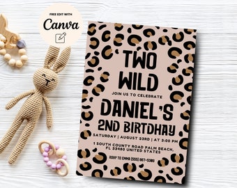 Two Wild 2nd Birthday Invitation, Leopard Birthday Invitation, 2nd Birthday Invite Safari Animal Invite, Canva Editable, Digital Download