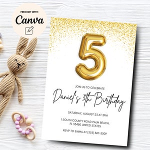 Gold 5th Birthday Invitation, 5th Birthday Invite, Number Foil 5th Birthday, Balloon Birthday Party, Canva Template, Digital Download