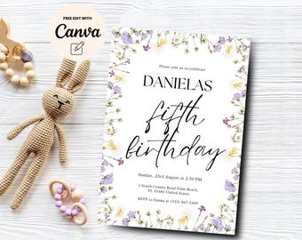 Wildflower 5th Birthday Invite, Floral Girl 5th Birthday Party Invitation, Girl 5th Birthday Invite, Canva Template, Digital Download