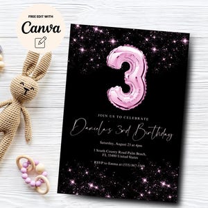 Pink 3rd Birthday Invitation, Glitter Birthday Party Invite, Balloon Foil Girl Third Birthday, Canva Template, Digital Download