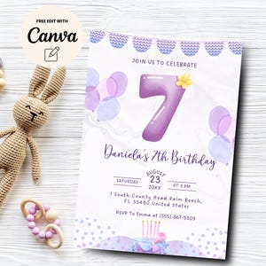 Editable Purple 7th Birthday Invite, Watercolor 7th Birthday Party Invite, Violet Girl 7th Birthday, Canva Template, Digital Download