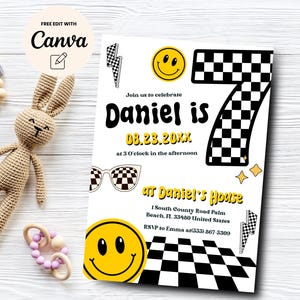 Invitación imprimible para séptimo cumpleaños con cara sonriente, séptimo cumpleaños a cuadros retro, fiesta divertida y editable, plantilla Canva, descarga digital