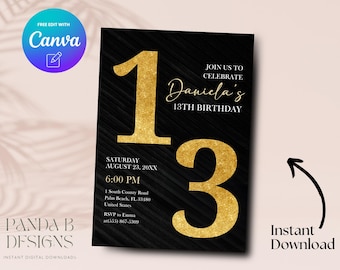 Invito per il 13° compleanno in oro, invito minimalista per il 13° compleanno in oro, modello Canva per invito di compleanno per ragazze adolescenti, download digitale