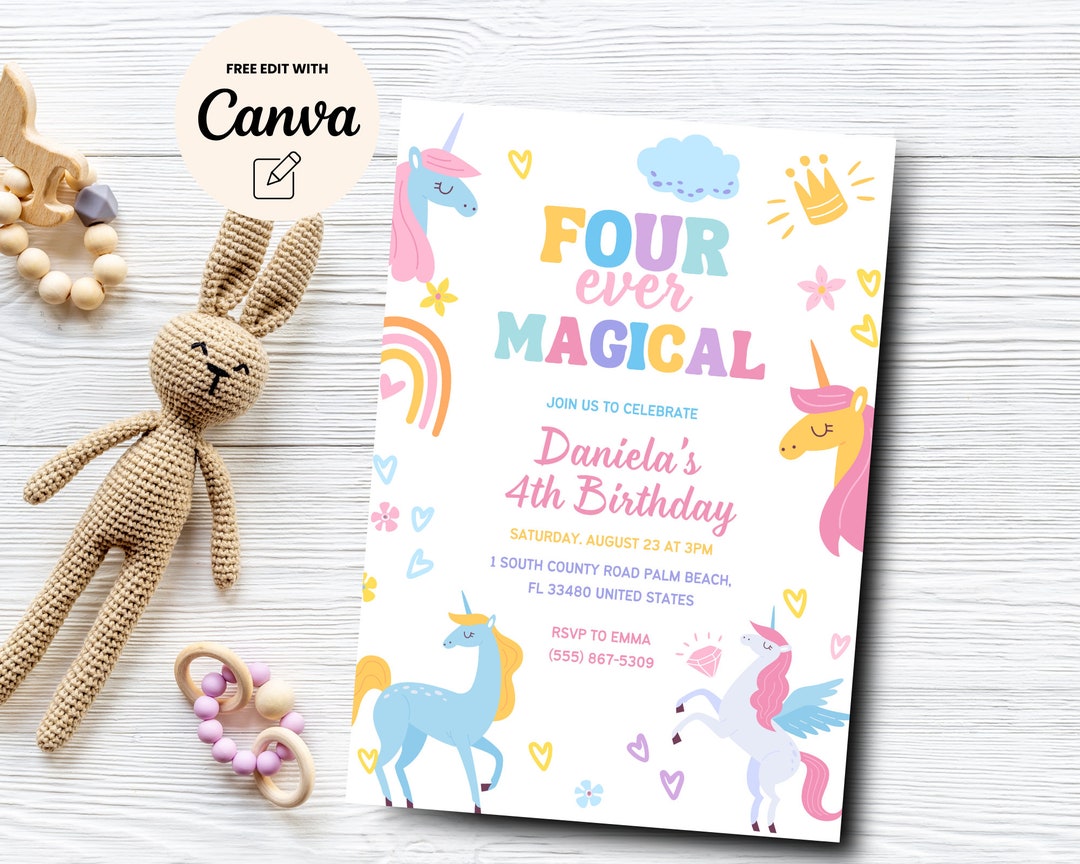 Unicorn 4th Birthday Invitation Editable, Four Ever Magical Birthday ...