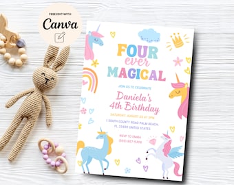 Redigerbar inbjudan till enhörning, magisk födelsedagsinbjudan till fyra någonsin, enhörningsflicka, 4-årsdag, Canva-mall, digital nedladdning