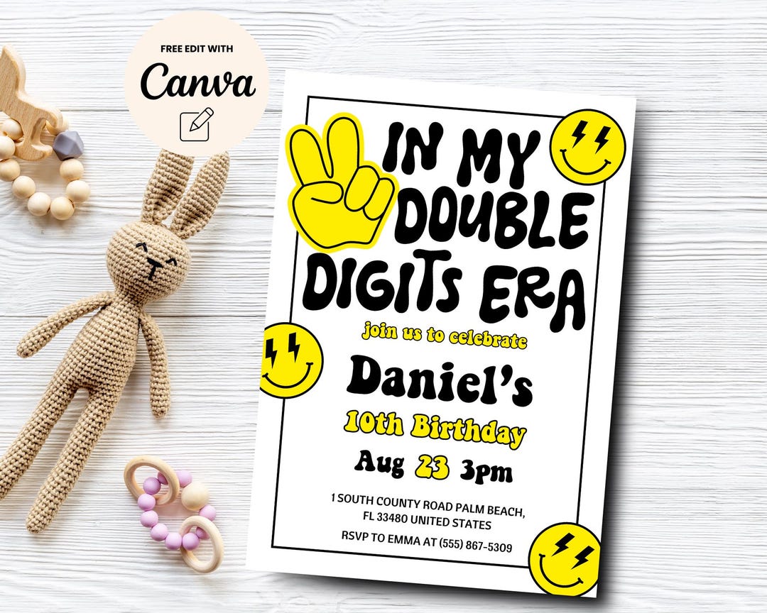 In My Double Digits Era 10th Birthday Invite Printable, Editable Retro Smiley 10th Birthday Invitation, Canva Template, Digital Download - Etsy Japan