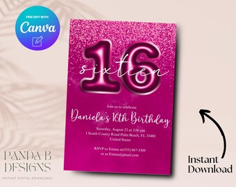 Fuchsia Pink 16th Birthday Invitation, Pink Glitter 16th Birthday Invite, Sweet Sixteen Invite Canva Template, Digital Download