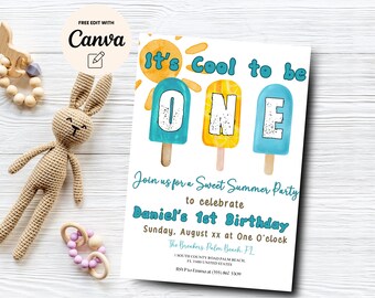 Cool to be ONE Popsicle Invitation, Editable 1st Birthday Invite, Summer Boy Party, Canva Editable, Digital Download, Instant Download