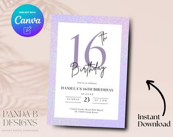 Invitación de cumpleaños número 16 con purpurina morada, invitación de cumpleaños número 16 con purpurina neón minimalista, plantilla de Canva para invitación de dulces dieciséis, descarga digital