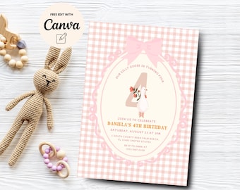 Goose 4th Birthday Invitation, Girl 4th Birthday Invite, Goose Birthday, Pink Gingham Birthday Invite, Canva Template, Digital Download