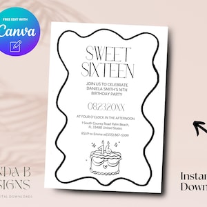 Minimalist Sixteen 16th Birthday Invite, Minimalist 16th Birthday Invitation, Sweet Sixteen Birthday Invite Canva Template, Digital Download