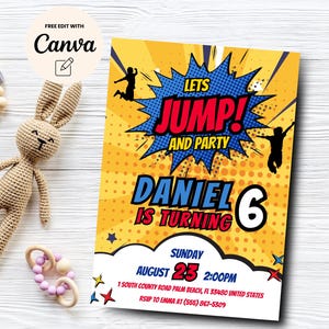 Jump 6.Geburtstags-Einladung, Trampolin-Geburtstags-Party, Hüpfburg, Comic-Thema, Canva-Vorlage, digitaler Download