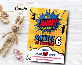 Jump 6.Geburtstags-Einladung, Trampolin-Geburtstags-Party, Hüpfburg, Comic-Thema, Canva-Vorlage, digitaler Download