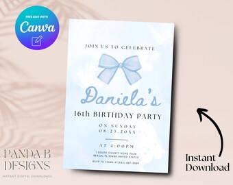 Blue Bow 16th Birthday Invitation, Minimalist Blue 16th Birthday Invite, Sweet Sixteen Invite Canva Template, Digital Download