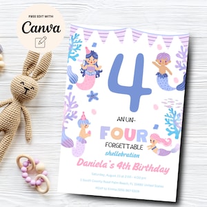 Mermaid birthday Invitation, 4th birthday fourth birthday, Un-four-gettable shellebration, Canva Template, Digital Download