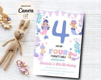 Mermaid birthday Invitation, 4th birthday fourth birthday, Un-four-gettable shellebration, Canva Template, Digital Download
