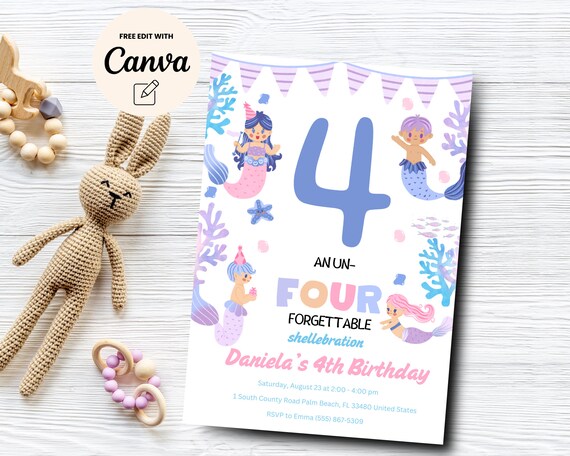 Inviti Colorati Per Feste Inviti Compleanno 4 Anni Sirena - Set Da 12