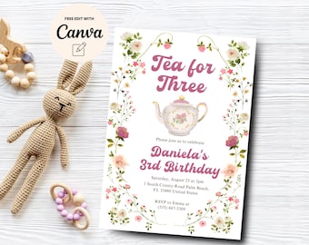 Invitación para fiesta de tercer cumpleaños de Tea for Three, invitación para fiesta de té de tercer cumpleaños, tercer cumpleaños de niña con lazos rosas, plantilla Canva, descarga digital