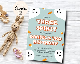 Three Spirit Birthday Invitation, Halloween 3rd Birthday Party Invite, Third Birthday Instant Download, Canva Template, Digital Download