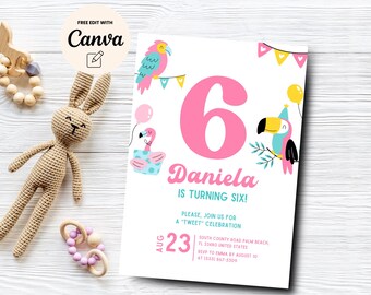 Invito rosa per il 6° compleanno, invito di compleanno Tweet, invito di compleanno Tweet Bird, sesto compleanno di una ragazza, modello Canva, download digitale