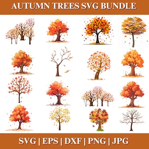 May include: A collection of watercolor-style illustrations of autumn trees in various stages of foliage. The trees display vibrant shades of orange, red, and yellow leaves. The text "AUTUMN TREES SVG BUNDLE" is at the top, with file type options at the bottom.