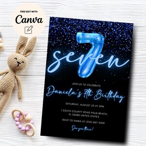Neon Blue 7th Birthday Invitation, Blue Glitter 7th Birthday Invite Printable, Boy Birthday Invitation Canva Template, Digital Download