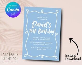 Blue 16th Birthday Invite, Minimalist Blue 16th Birthday Invitation, Editable Boy 16th Birthday Invite Canva Template, Digital Download
