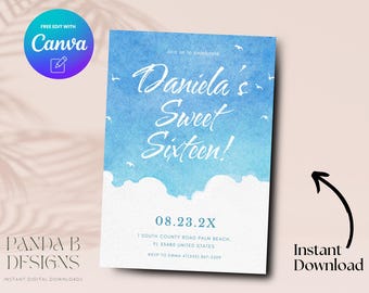 Blue 16th Birthday Invite, Minimalist Sky Blue 16th Birthday Invitation, Girl Boy 16th Birthday Invite Canva Template, Digital Download