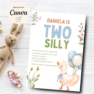 Two Silly 2nd Birthday Invitation, Silly Goose 2nd Birthday Invite, Goose Birthday, Goose Birthday Invite, Canva Template, Digital Download