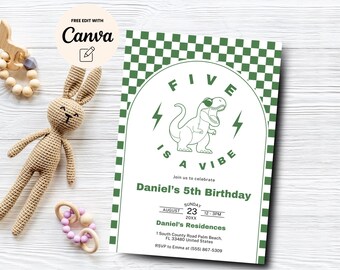 Five is a Vibe Birthday Invitation, Dinosaur 5th Birthday Invitation, T-rex Checkered Groovy Invitation, Canva Template, Digital Download
