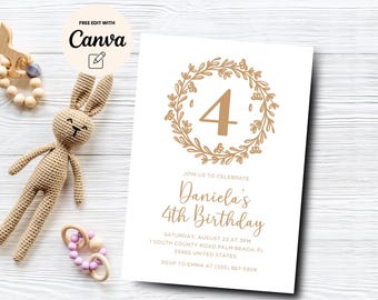 Boho 4e verjaardag bloemen verjaardagsuitnodiging, meisje 4e verjaardagsuitnodiging, bewerkbare boho uitnodiging, digitale download, Canva-sjabloon