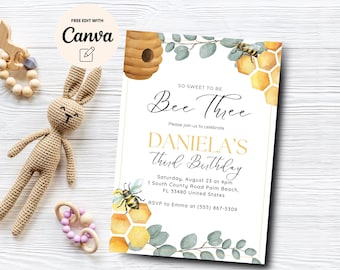 So Sweet to be Three Invito per la festa del terzo compleanno, Invito per il terzo compleanno di Bee, Modello Canva per il terzo compleanno di Greenery HoneyBee, Download digitale