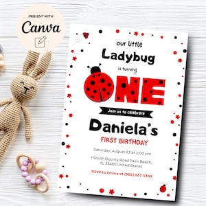 Ladybug 1st Birthday Invitation, EDITABLE Digital Invitation, Little Lady bug Birthday Party,, Canva Editable, Digital Download