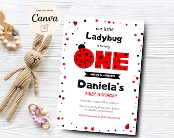 Convite de 1º aniversário da Ladybug, convite digital EDITÁVEL, festa de aniversário da Ladybug, Canva editável, download digital