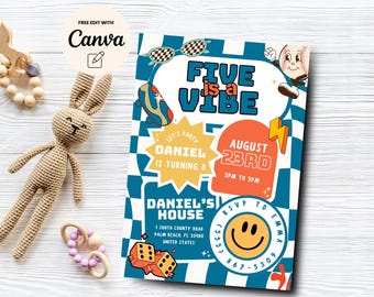 Five is a Vibe 5th Birthday Invitation, Groovy Retro Checkered 5th Birthday Invite, Boy 5th Birthday Canva Template, Digital Download