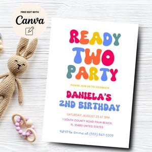 Ready Two Party 2nd Birthday, Confetti Birthday Party, Retro 2nd Birthday, Instant Download, Canva Editable, Digital Download