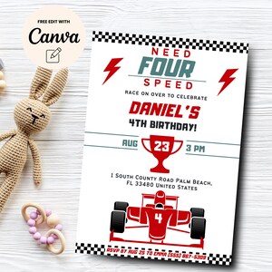 Necesito una invitación de cuatro velocidades, invitación editable para el cuarto cumpleaños de un auto de carreras, invitación editable para el cuarto cumpleaños de un niño, plantilla de Canva, descarga digital