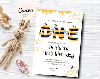 Bee 1st Birthday Invitation Our Little Honey First Birthday Invitation Bee Birthday Invite Bee Birthday Canva Template, Digital Download
