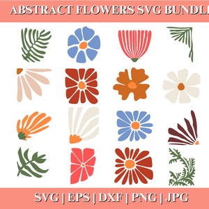 Paquete SVG y PNG de flores abstractas, borde floral PNG, diseños florales bohemios retro daneses, archivos para Cricut