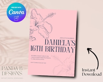 Pink Hibiscus 16th Birthday Invite, Minimalist Pink 16th Birthday Invitation, Girl 16th Birthday Invite Canva Template, Digital Download