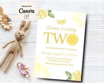 Lemon Citrus 2nd Birthday Invitations, Lemon 2nd Birthday Invites, Citrus Party Invite, Instant Download, Canva Editable, Digital Download